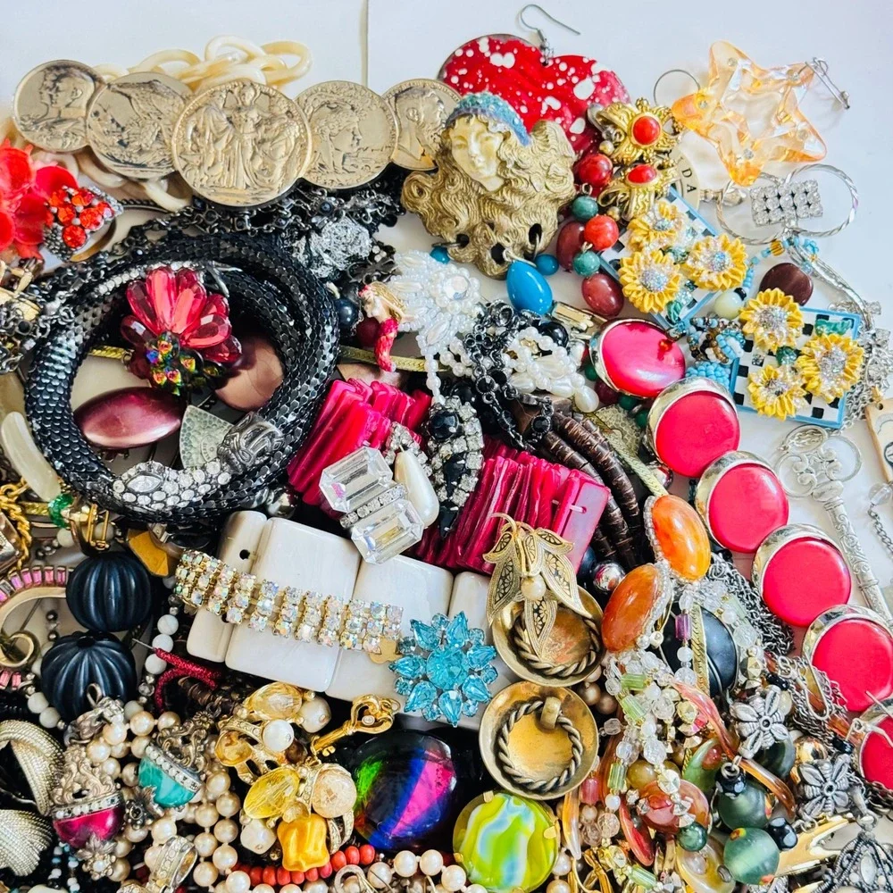 VTG To Now Rhinestone Colorful Junk Costume Jewelry Lot Craft Arts As Is 4.3lbs